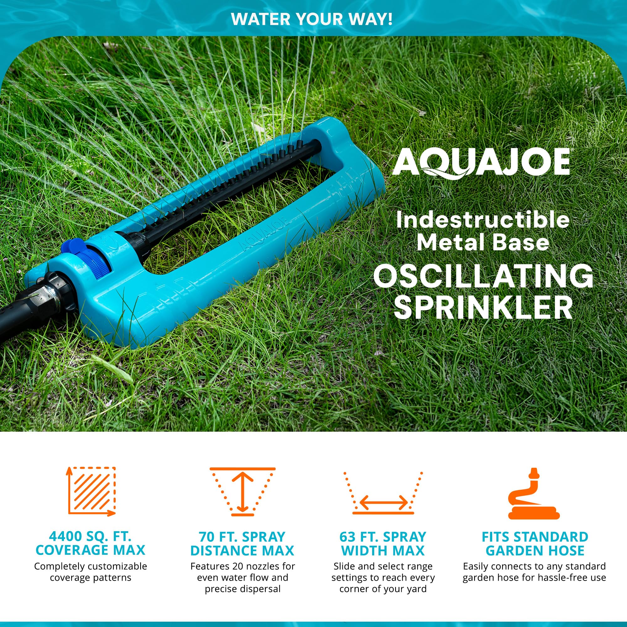 Aqua Joe detail of 20 clog-resistant nozzles showing precise water dispersal benefit