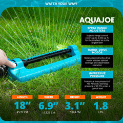 Aqua Joe sprinkler in use on a green lawn demonstrating broad area watering benefit