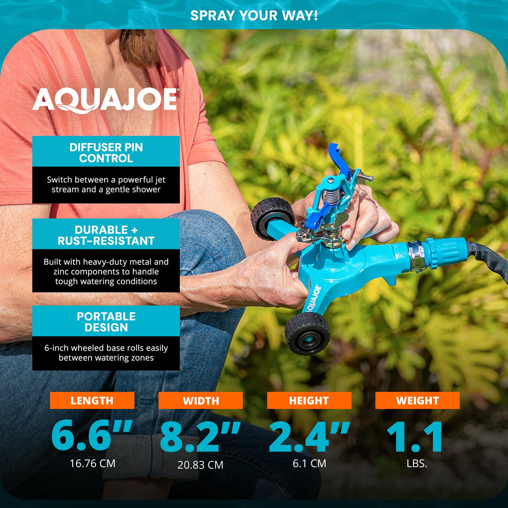 Aqua Joe wheeled base with hose connected, easy mobility and stable placement