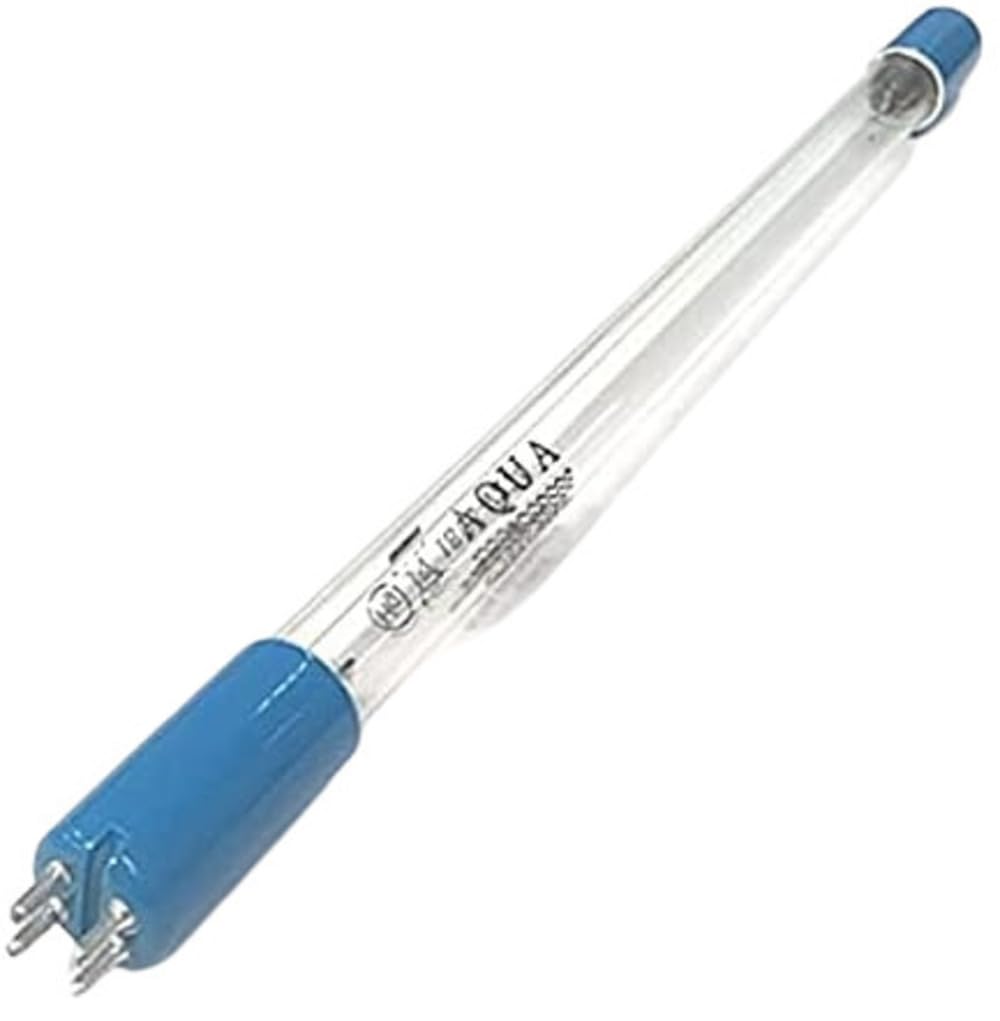 Aqua UV quartz tube close-up showing ceramic ends and clean glass for longevity
