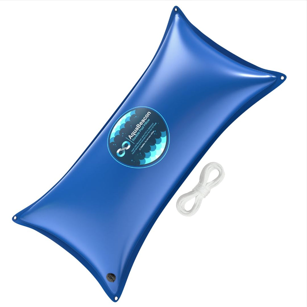 AquaBeacon front view of pool pillow packaging showing product and size benefit
