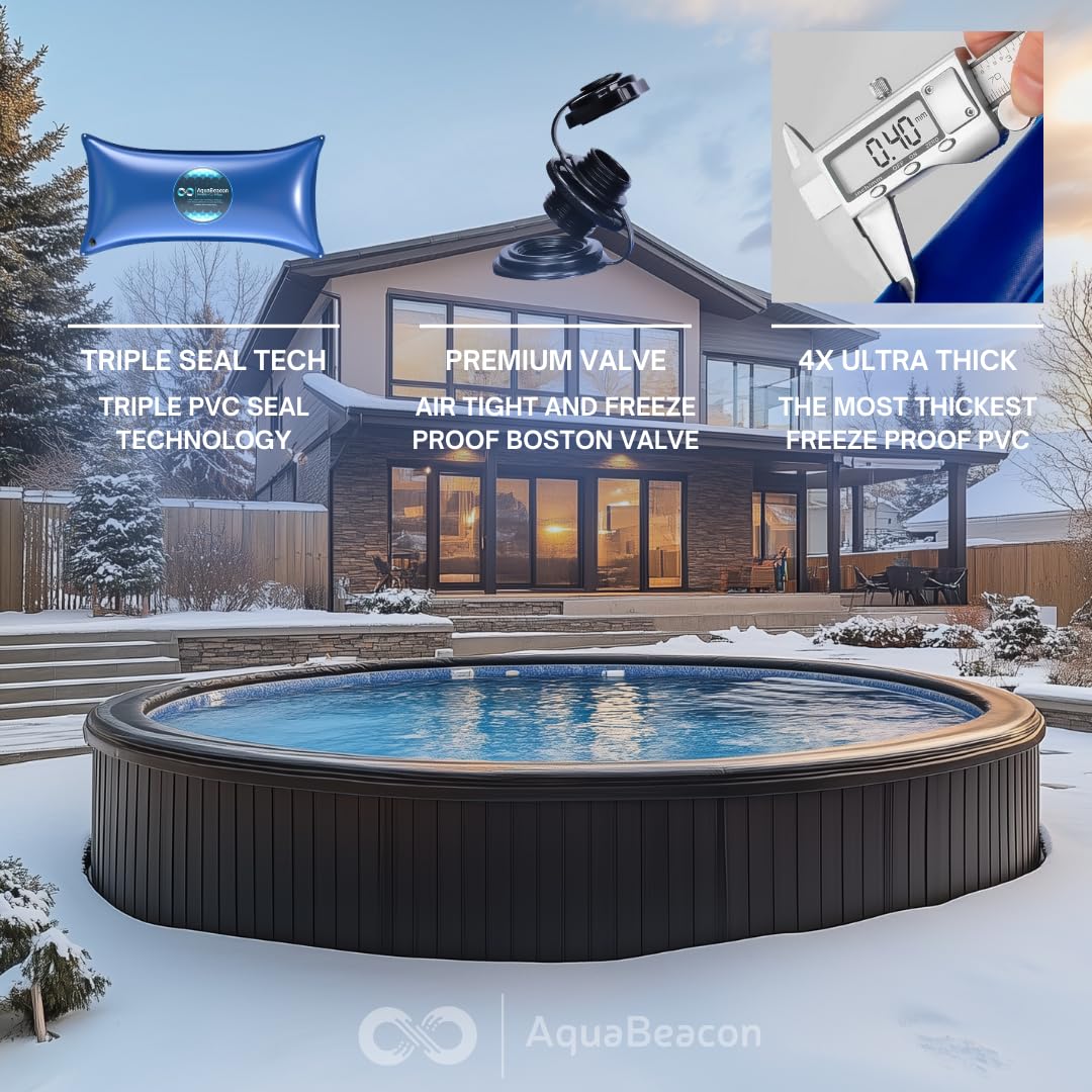 AquaBeacon pool pillow installed at center of above-ground pool preventing ice pressure