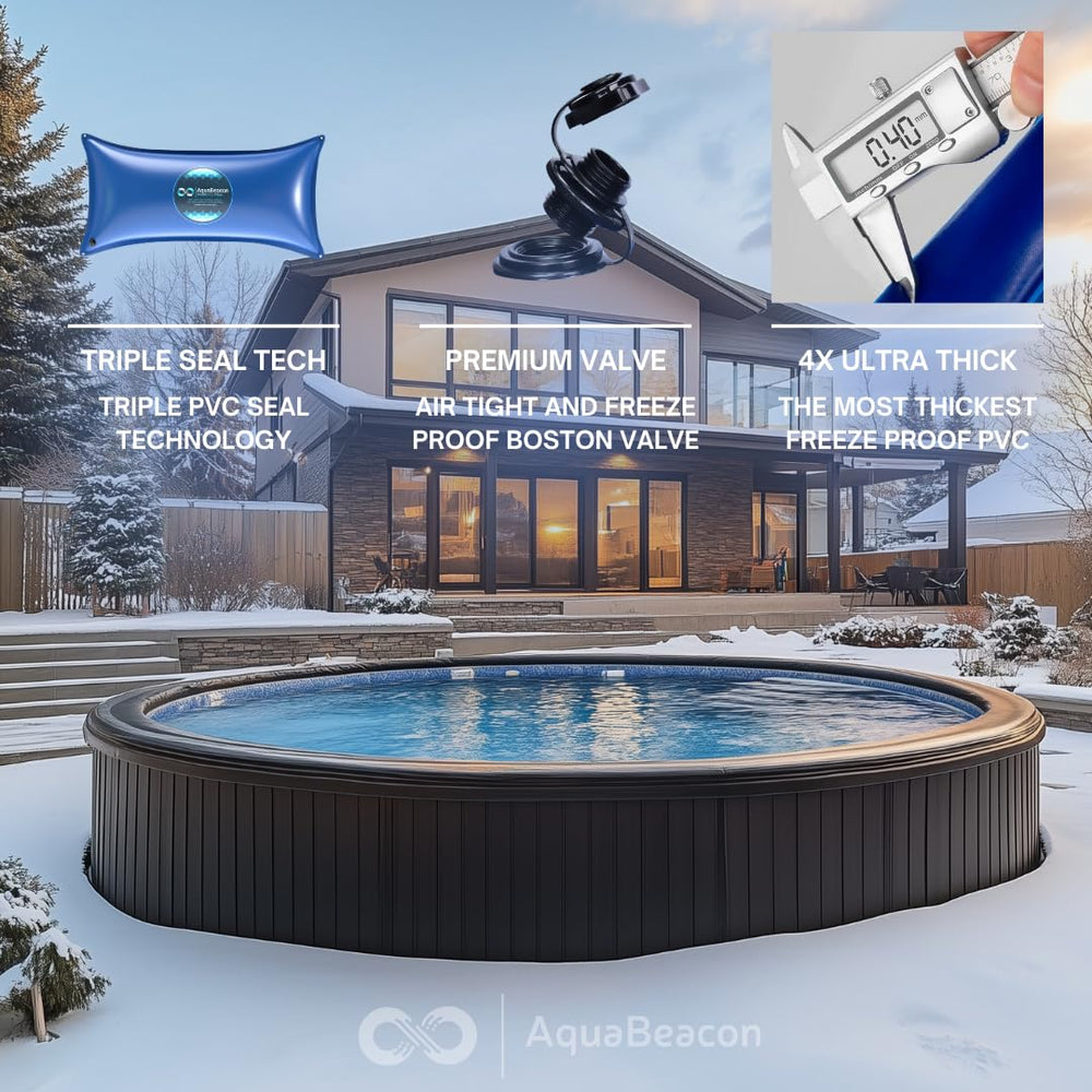 AquaBeacon pool pillow installed at center of above-ground pool preventing ice pressure