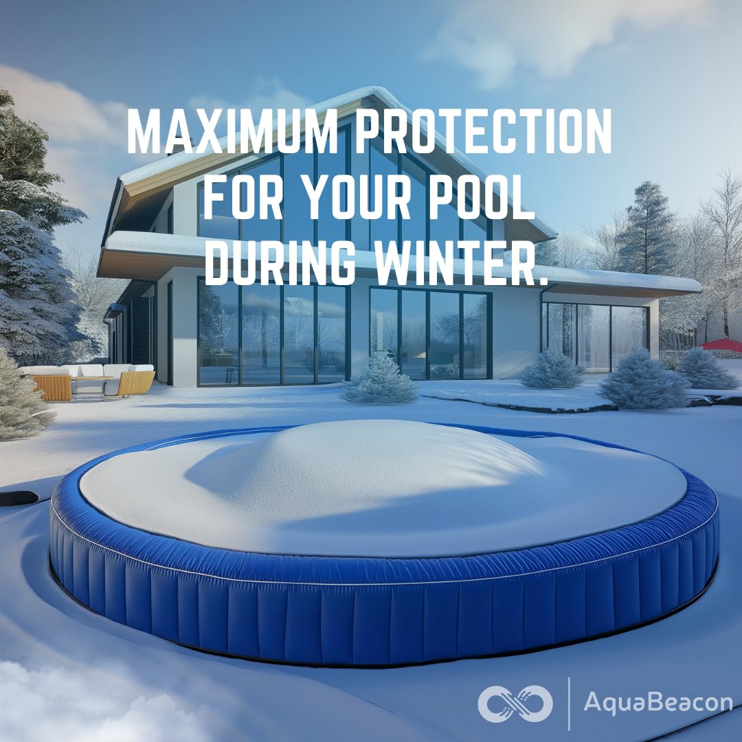 AquaBeacon pool pillow in winter backyard scene protecting pool walls from freezing