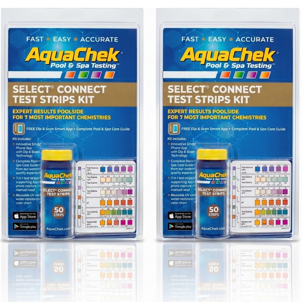 AquaChek front packaging showing two 50-count kits and included color chart benefits quick checks
