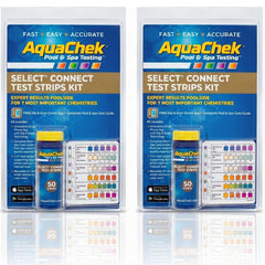 AquaChek front packaging showing two 50-count kits and included color chart benefits quick checks