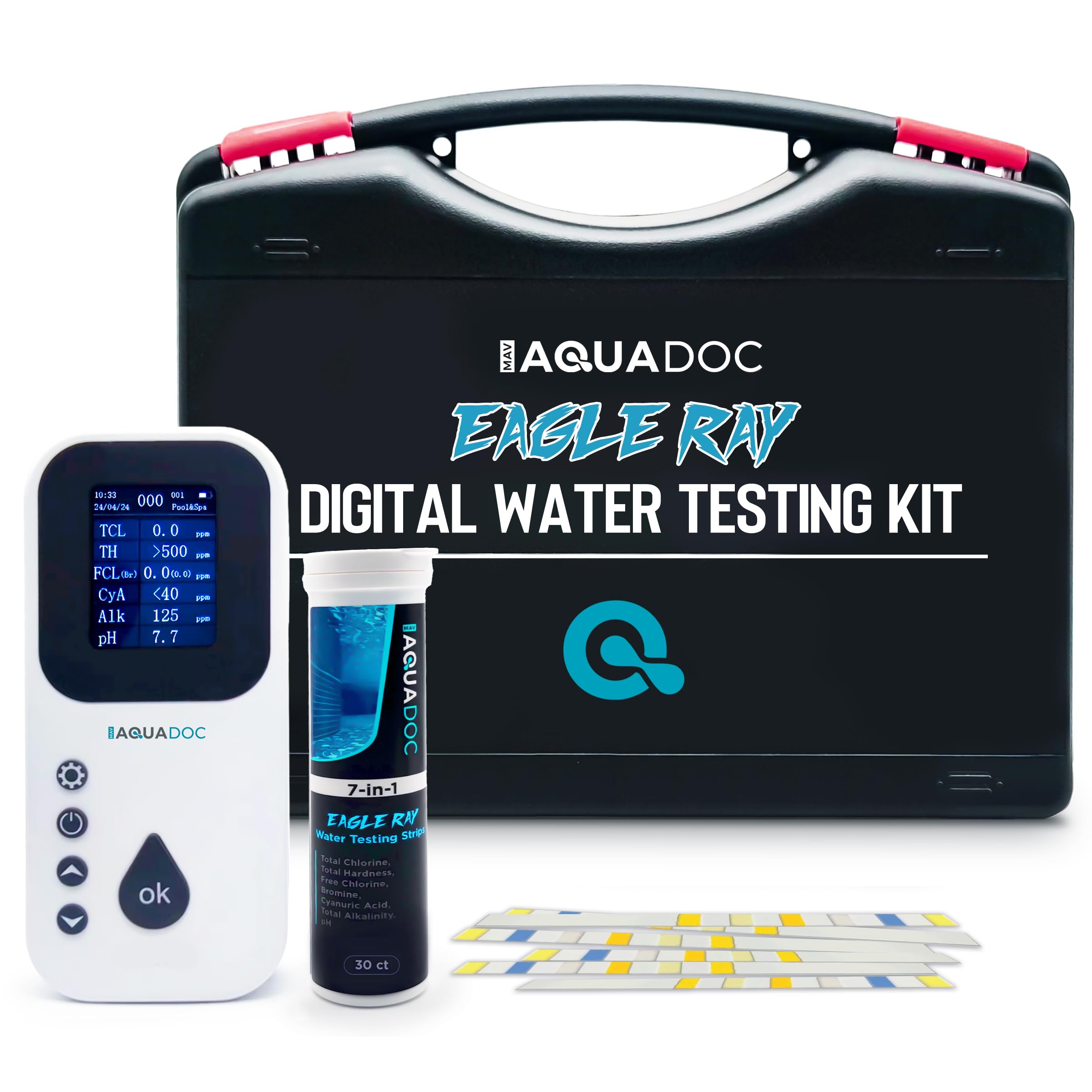 AquaDoc Eagle Ray front view showing compact digital tester and 30 strips for easy readings