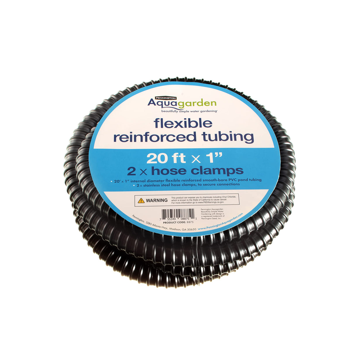 Aquagarden front view of 20ft reinforced tubing showing length and label, ensures easy installation