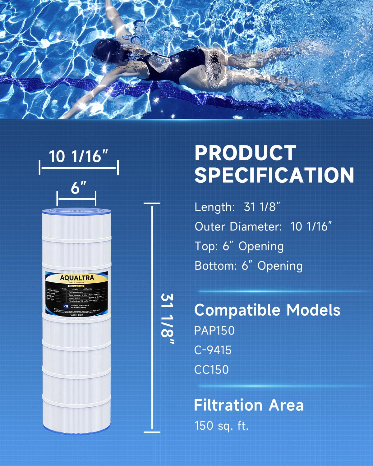 AQUALTRA close-up of chlorine-resistant end cap showing durable seal
