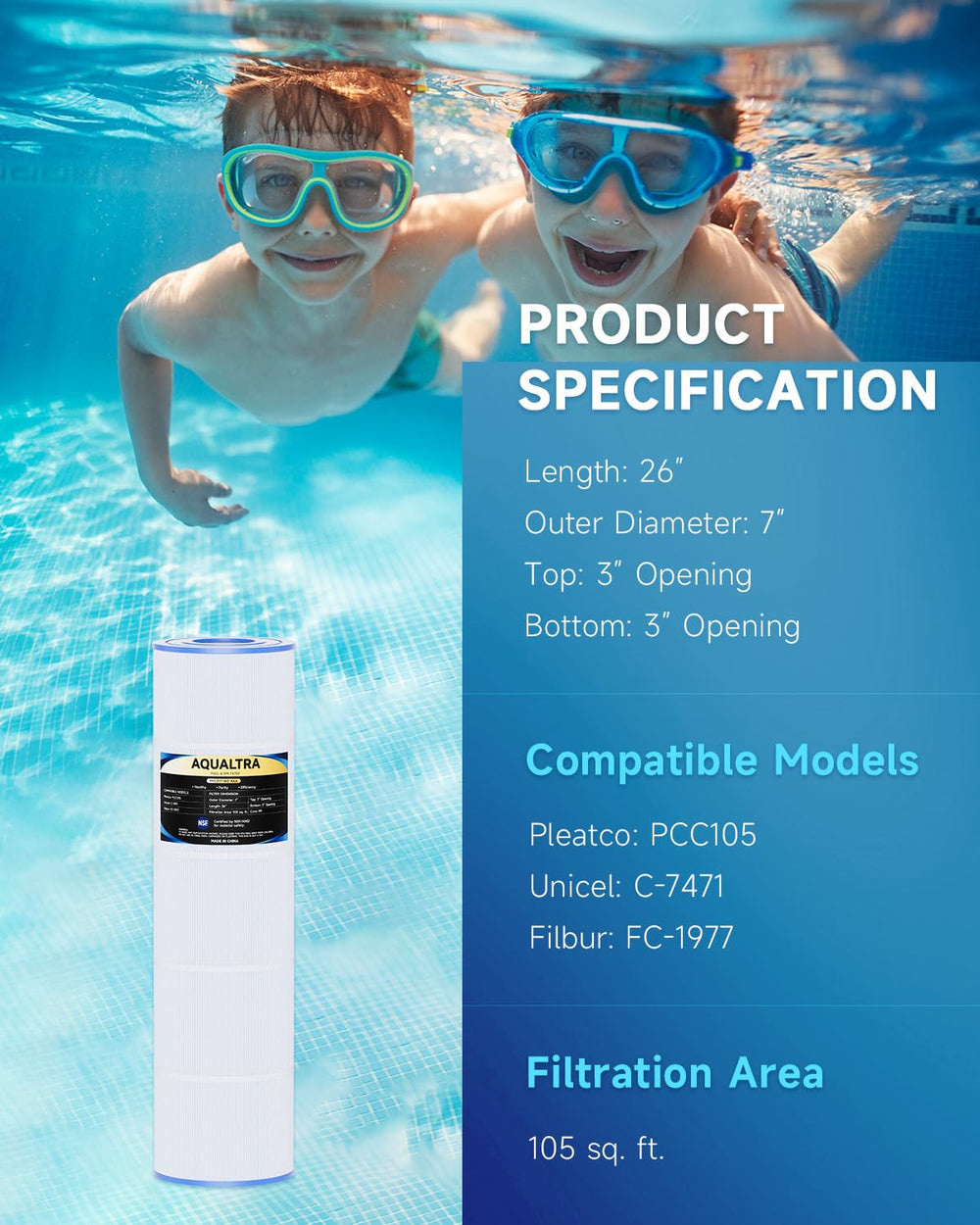 AQUALTRA top end cap detail showing chlorine-resistant seal for longer life