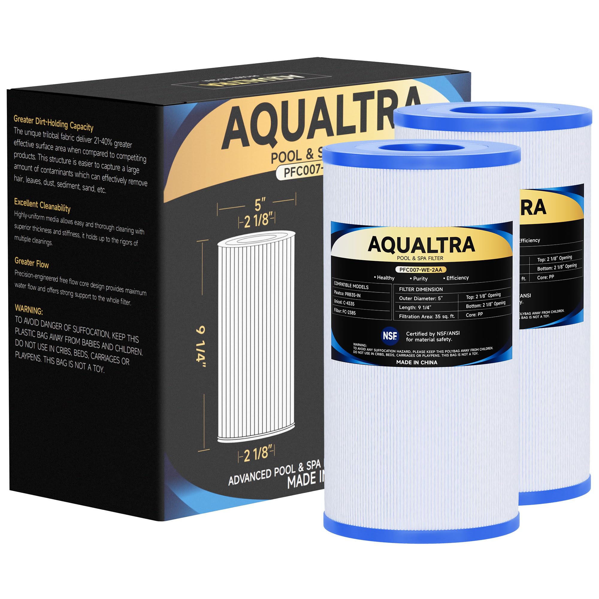 AQUALTRA two-pack front view showing replacement filters and packaging, quick fit benefit