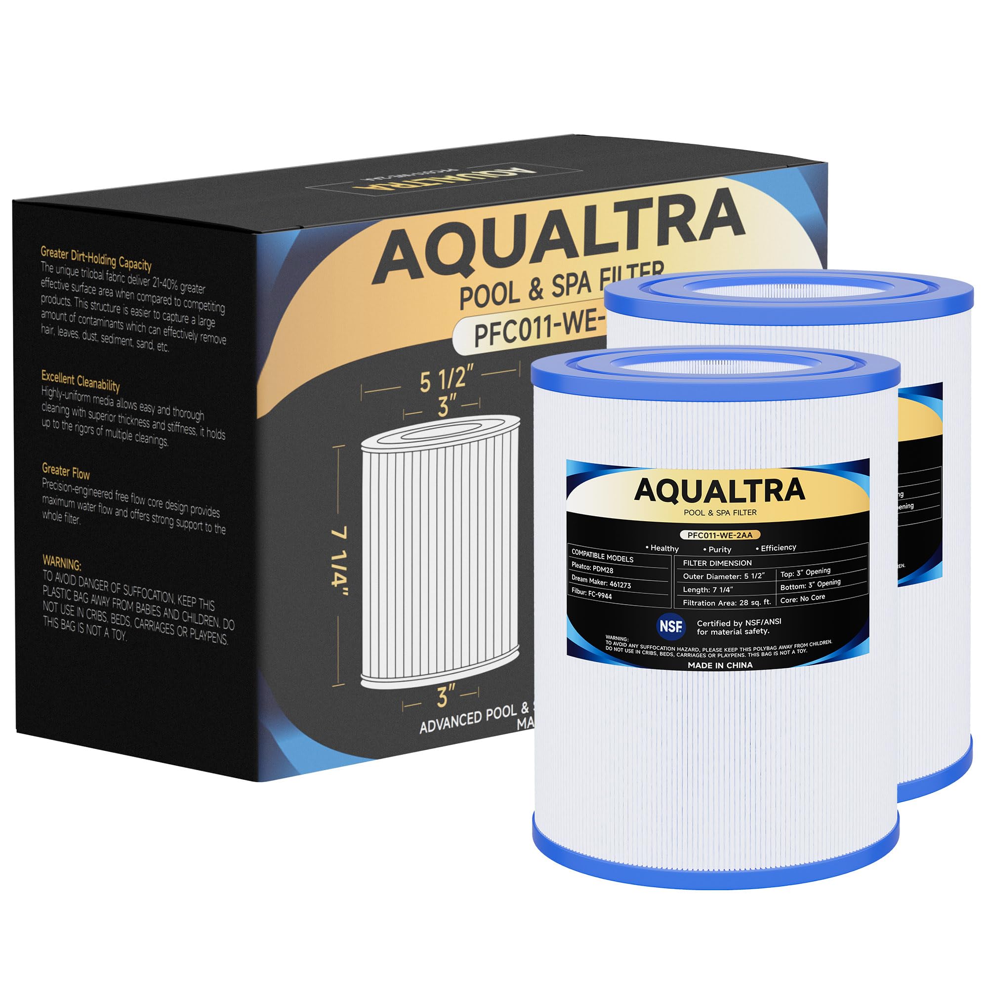AQUALTRA front view of two PDM28 cartridges showing packaging and dimensions benefit