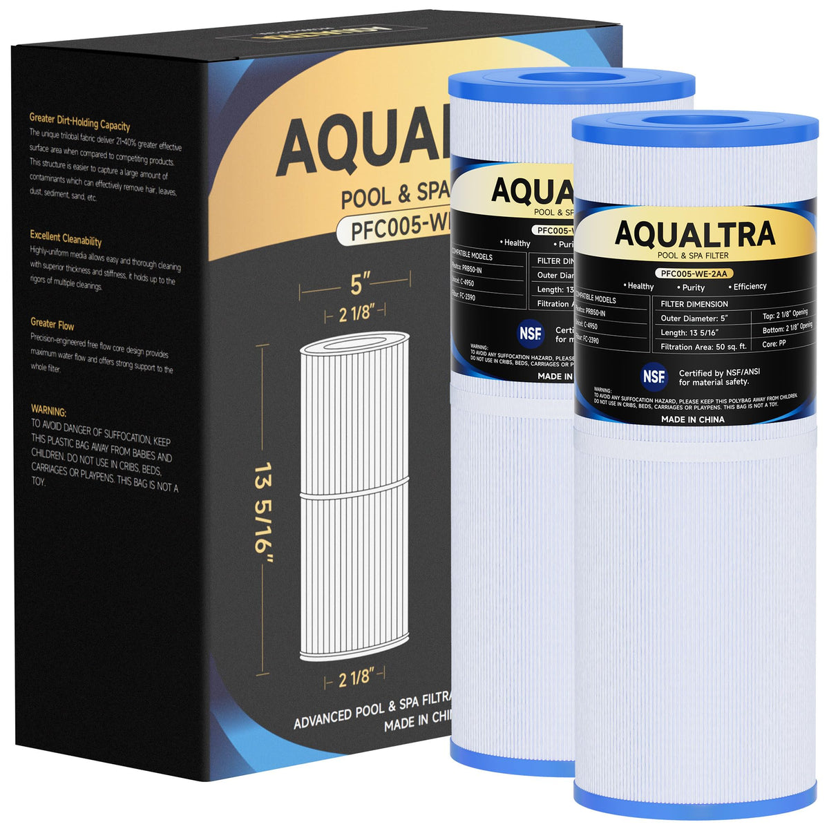 AQUALTRA front view of two replacement spa filters showing fit and finish benefit