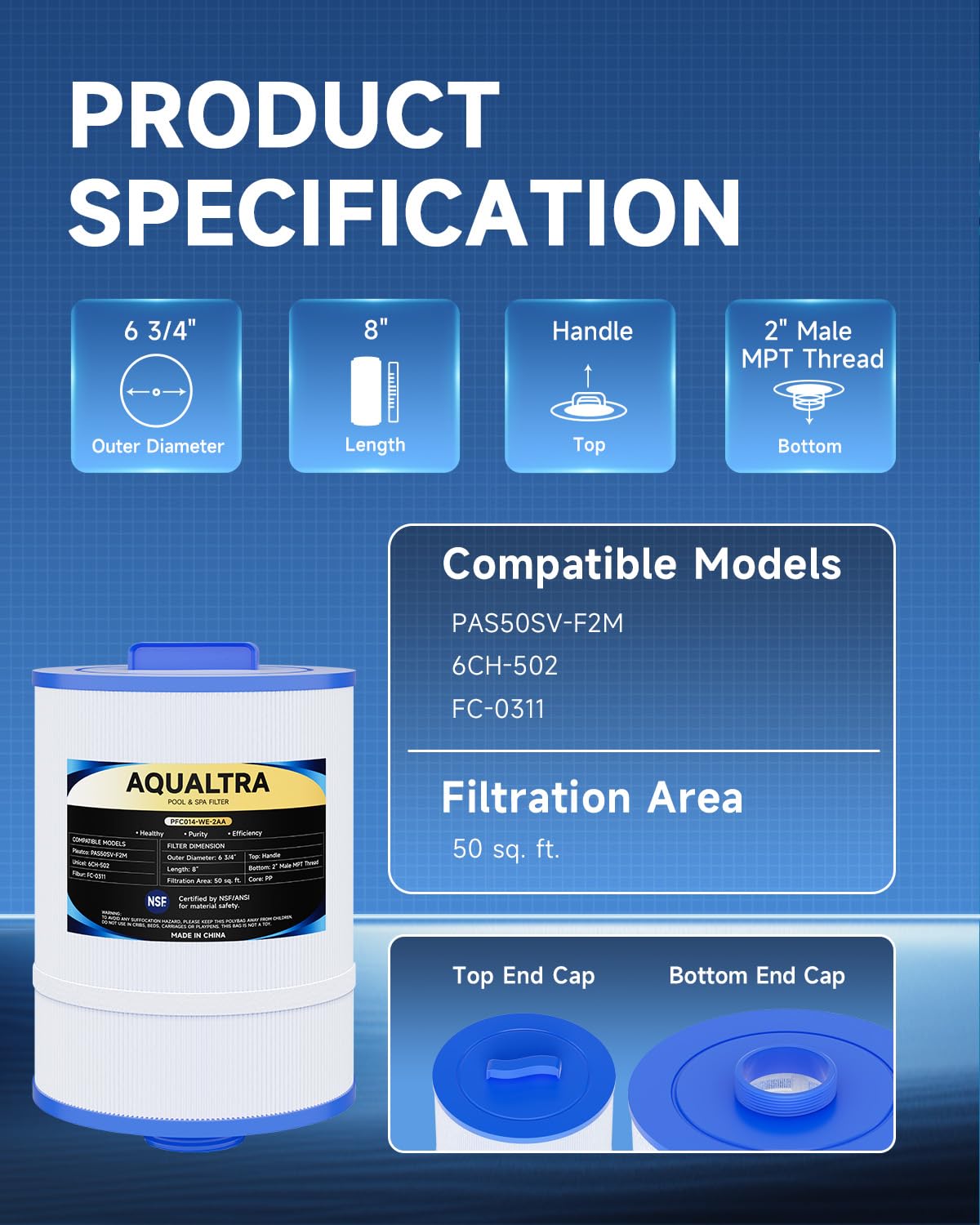 AQUALTRA detailed view of 2 inch male MPT threaded base for correct fit