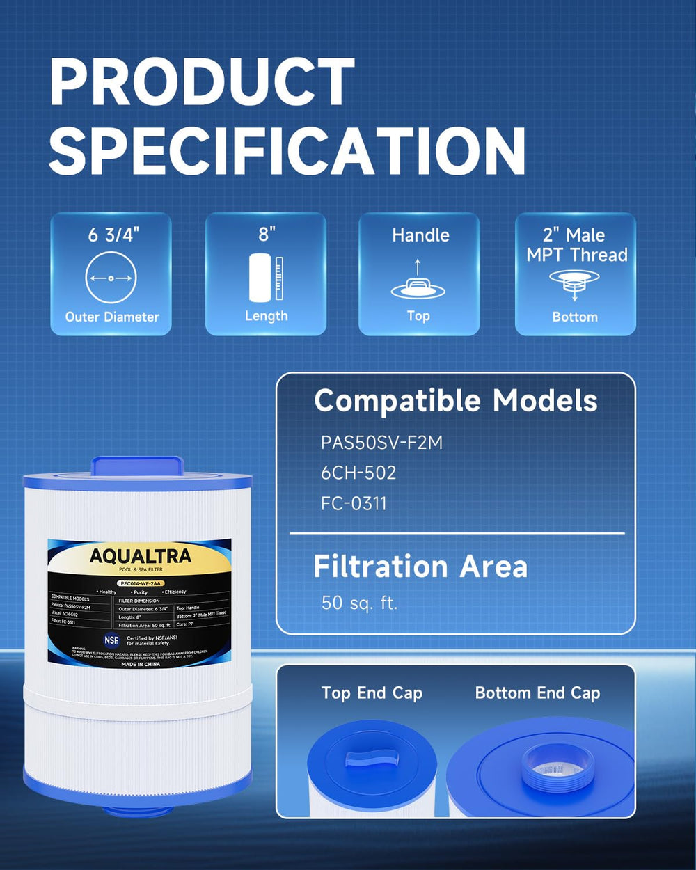 AQUALTRA detailed view of 2 inch male MPT threaded base for correct fit