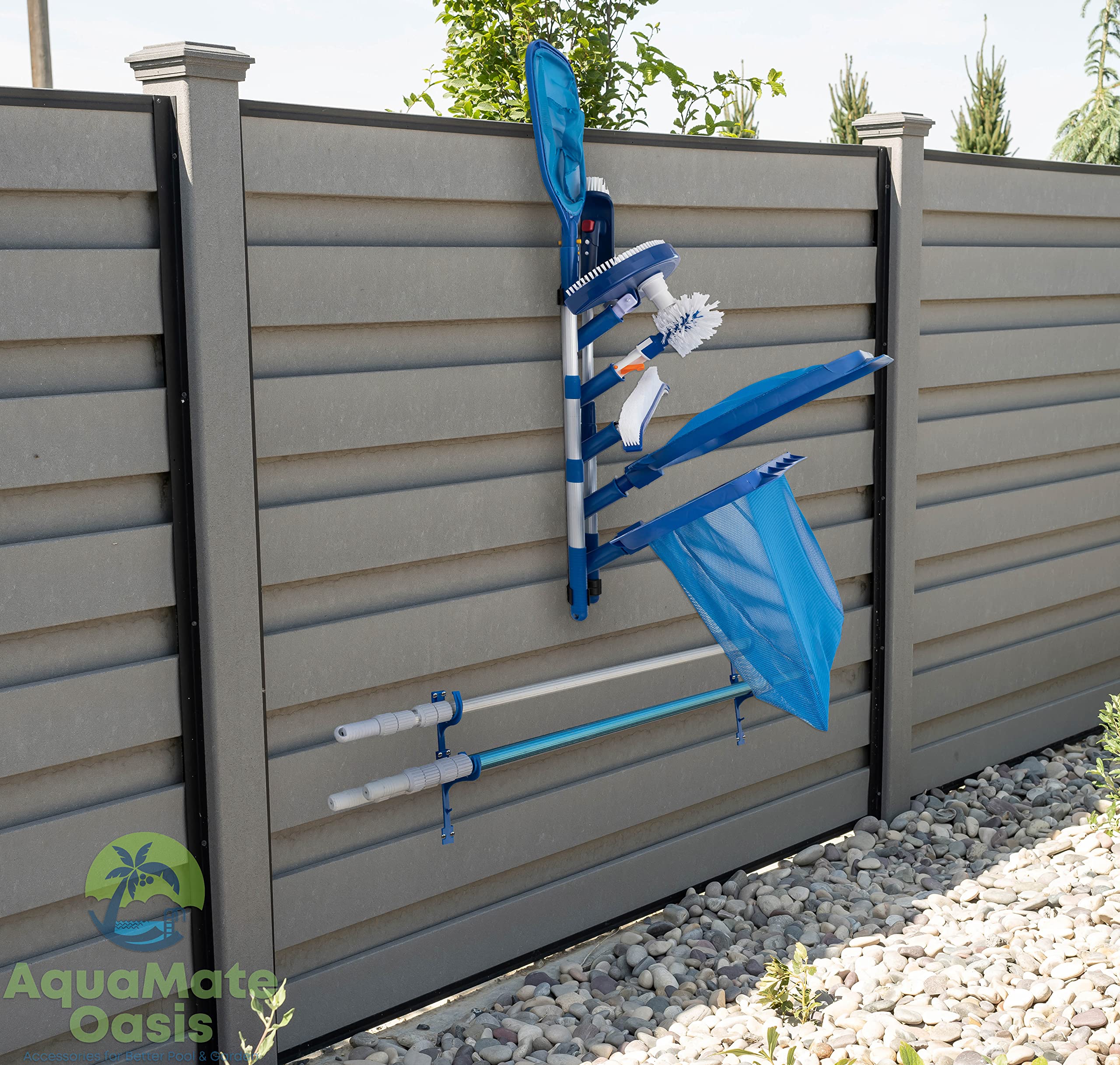 AquaMate Oasis detailed shot of pole hangers supporting long telescoping poles securely