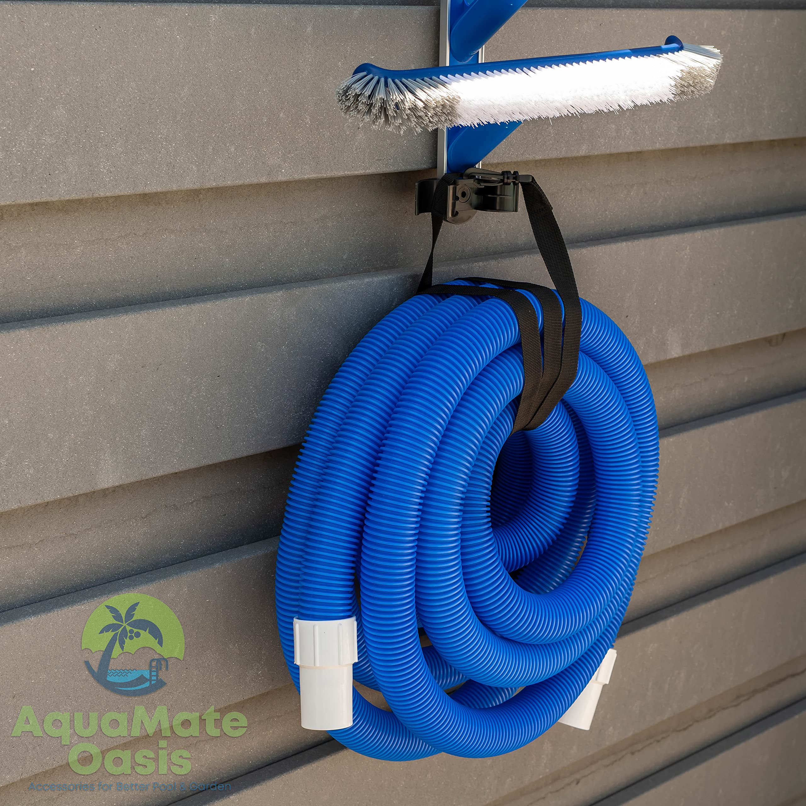 AquaMate Oasis next to measuring tape showing pole length and storage capacity