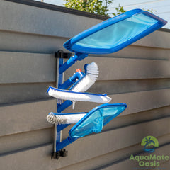 AquaMate Oasis holding skimmer, brushes, vacuum head and poles for quick access