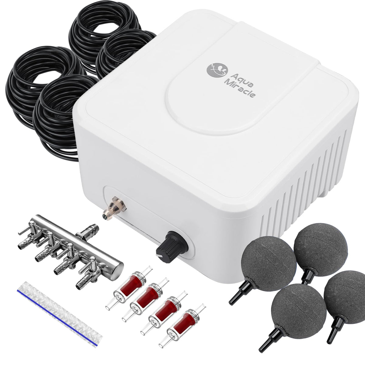AquaMiracle front view showing pump and included accessories for easy setup