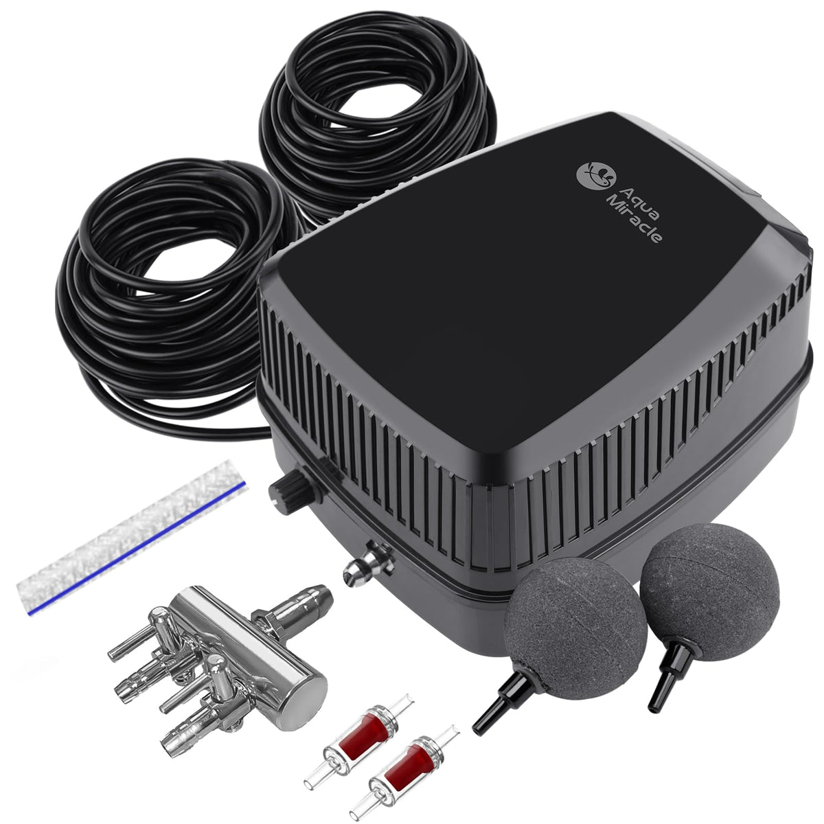 AquaMiracle pump front view showing compact design and quiet operation