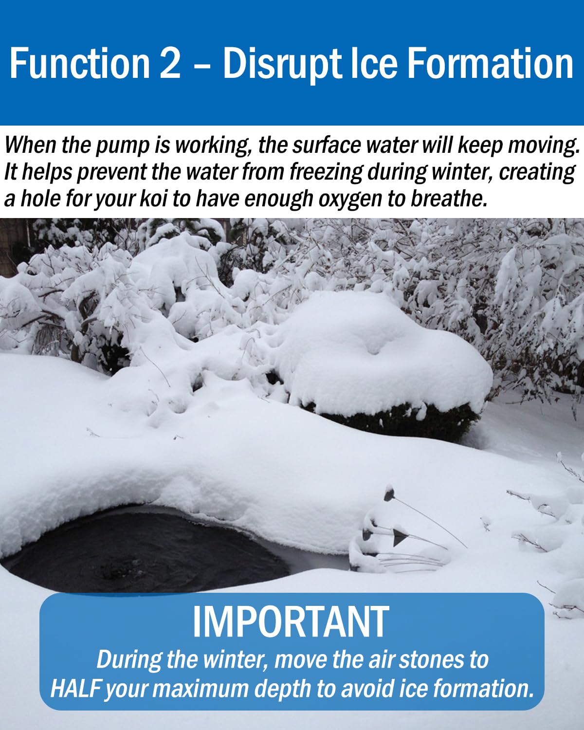 AquaMiracle aerator installed beside a backyard pond maintaining circulation and ice prevention
