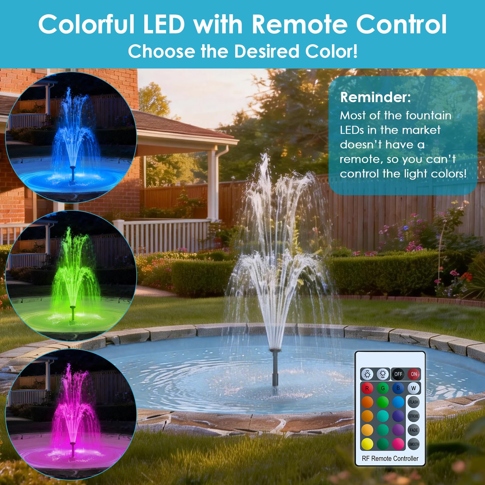 AquaMiracle LED remote controller on grass showing easy color control and convenience