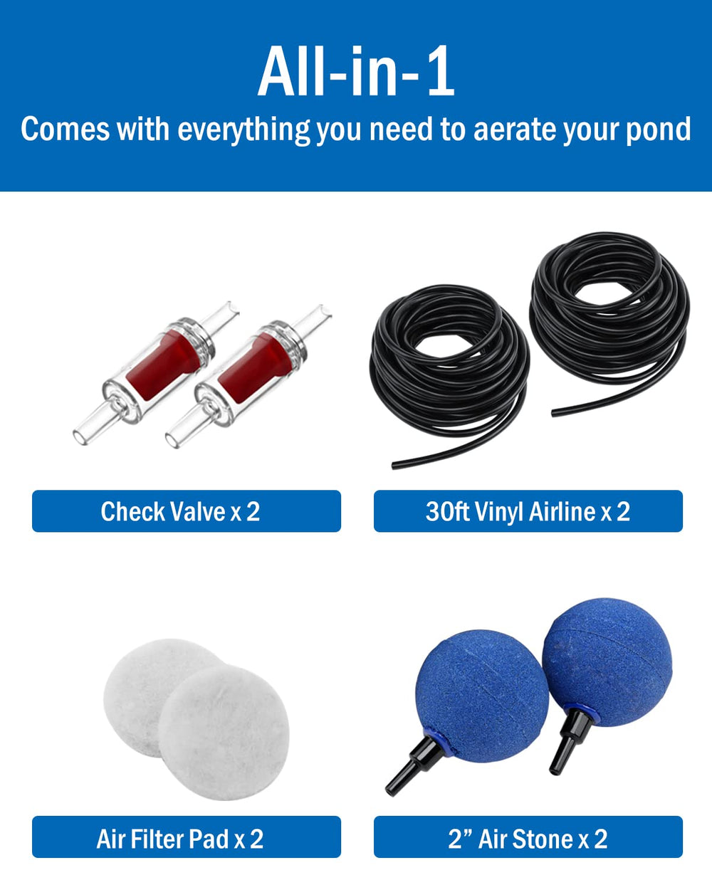 AquaMiracle kit contents arranged showing pump, tubing, stones and maintenance parts
