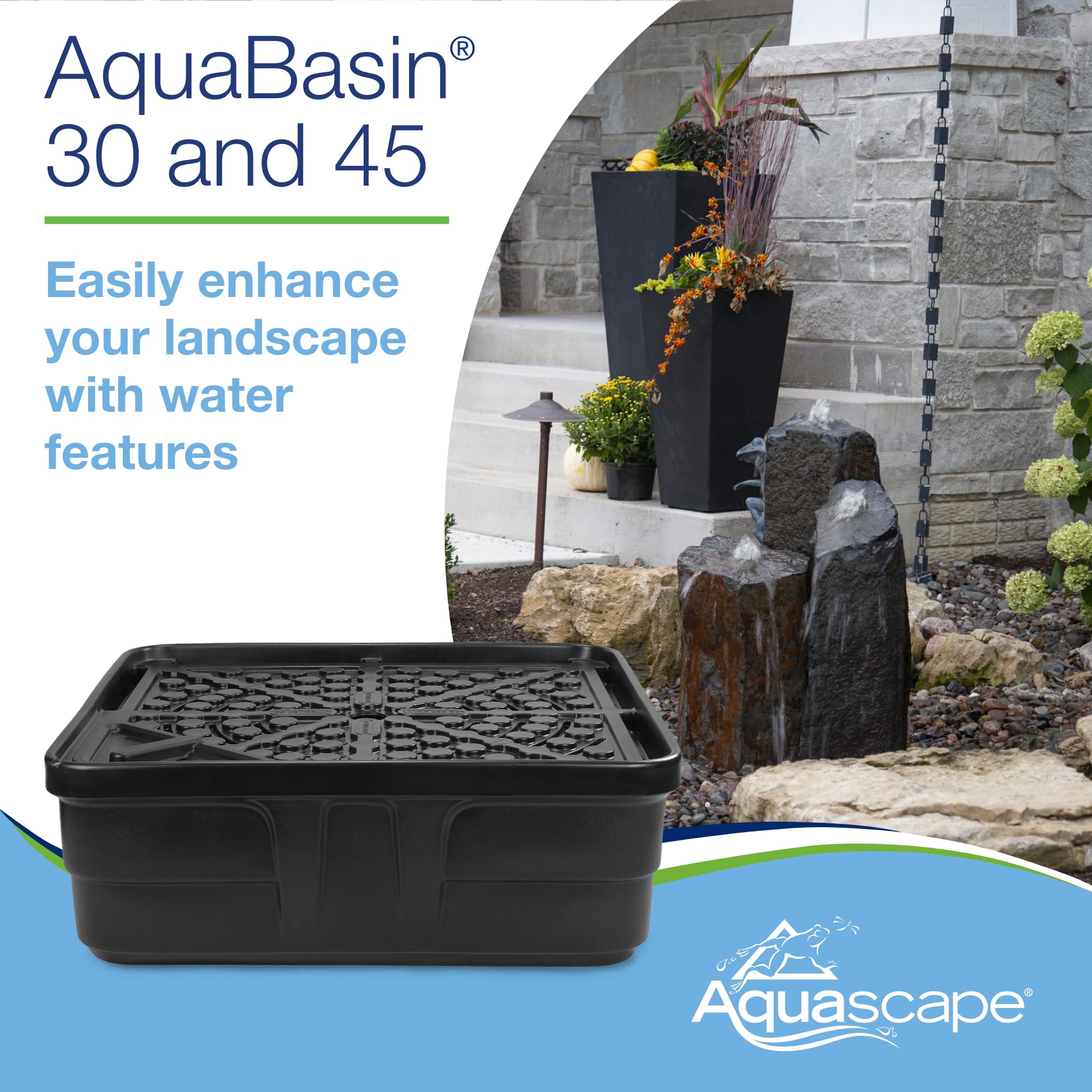 Aquascape AquaBasin in backyard lifestyle setting showing durable, attractive landscape benefit