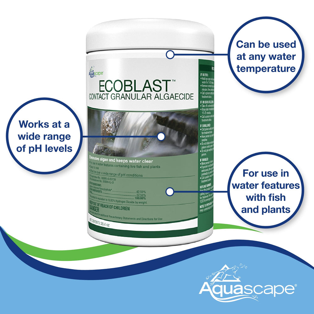 Aquascape EcoBlast 7 lb pail next to ruler showing scale and coverage