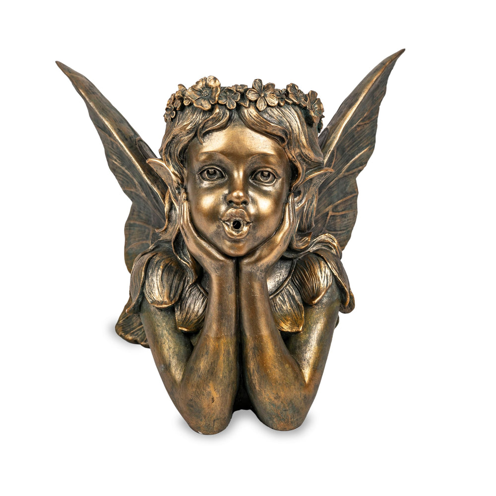 Aquascape fairy planter close detail of faux patinaed brass finish for durability