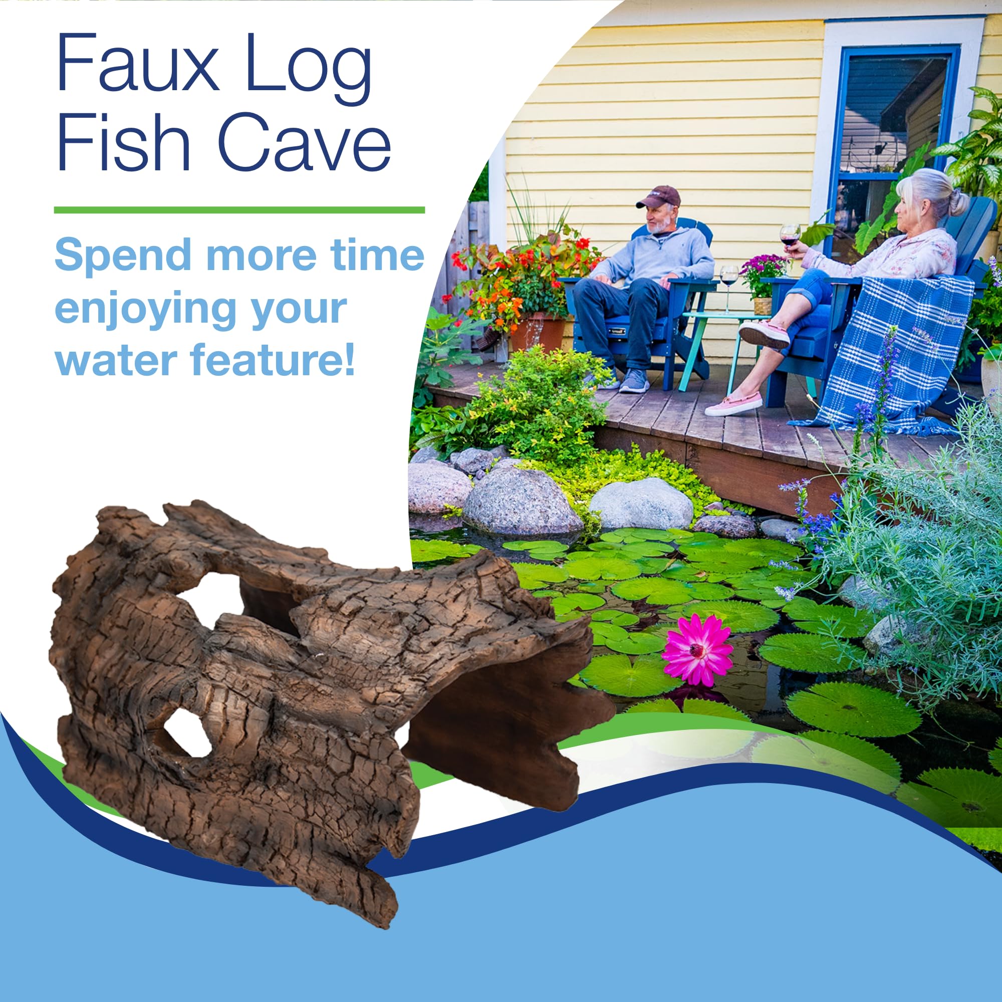 Aquascape faux log in pond setting protecting fish while enhancing landscape