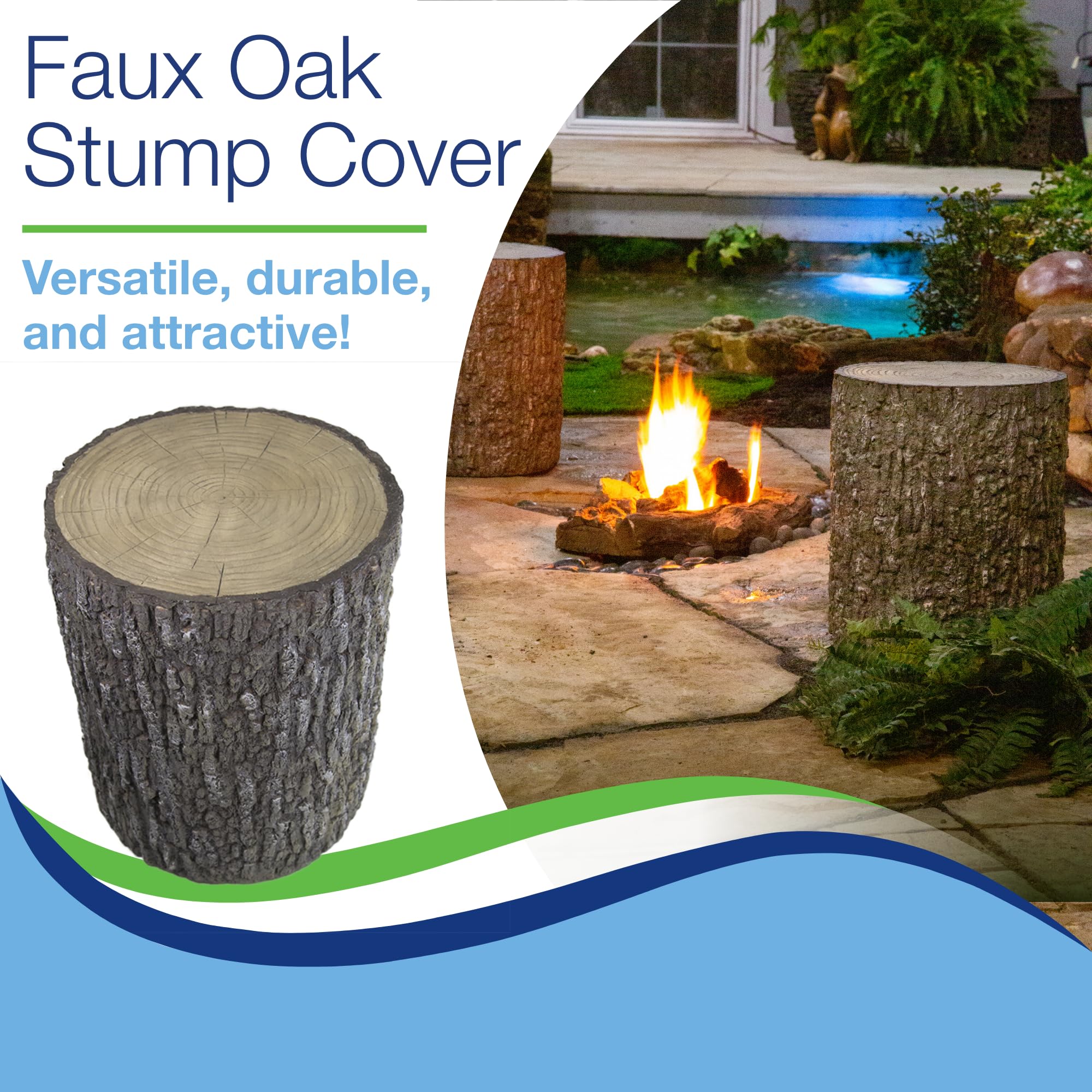 Aquascape stump covering a transformer illustrating discreet protection and neatness