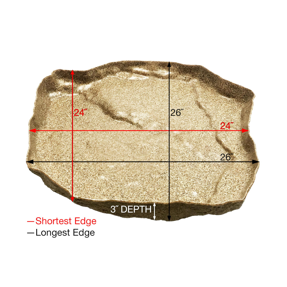 Aquascape faux-rock lid beside a tape measure showing 26-inch size for accurate fit