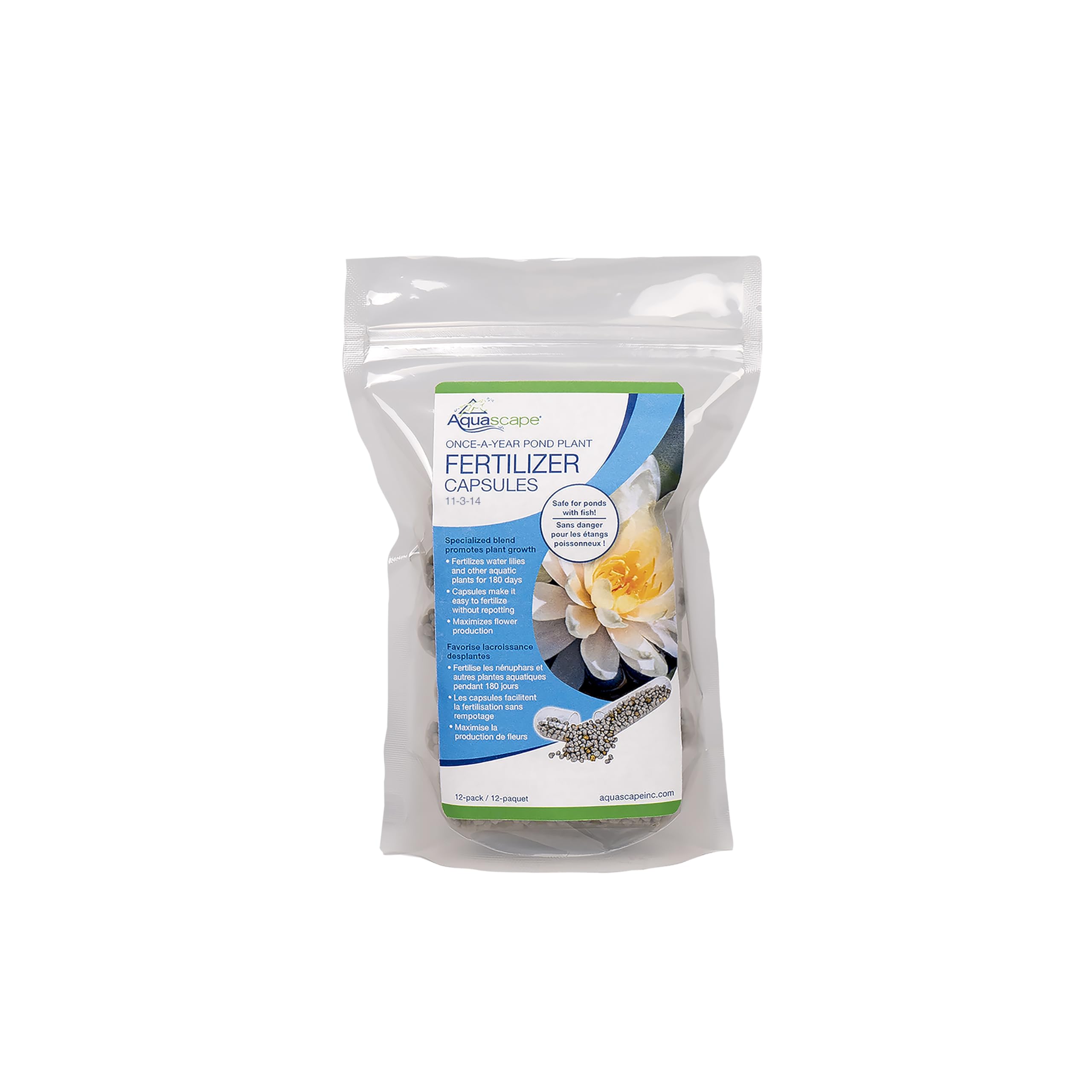 Aquascape front packaging of 12 capsules showing convenience and yearly feeding benefit