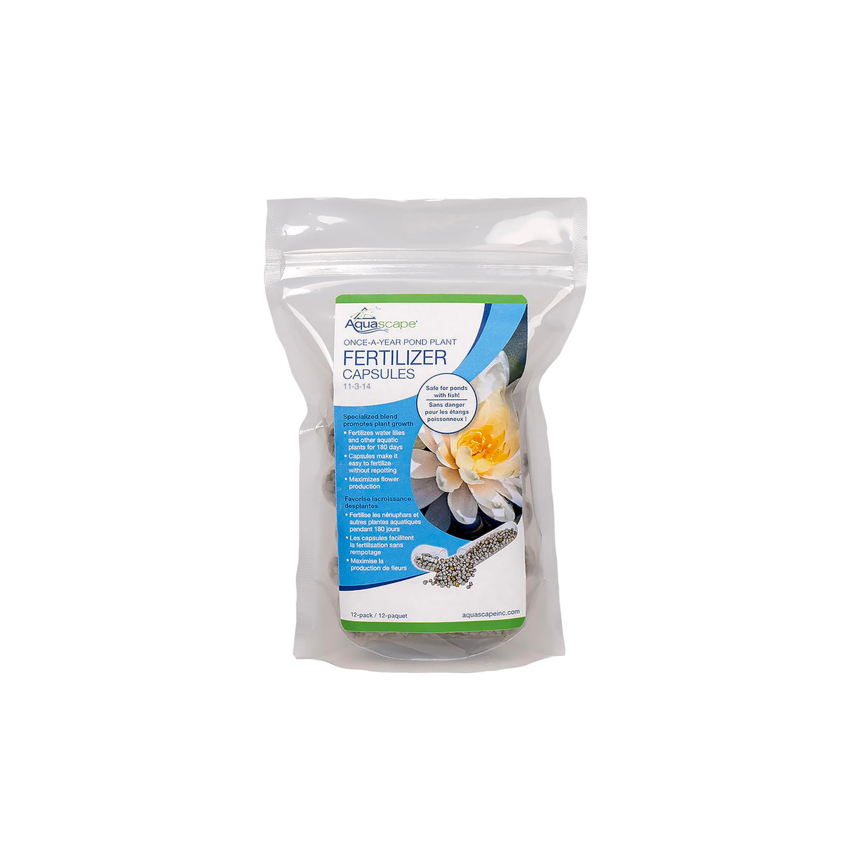 Aquascape front packaging of 12 capsules showing convenience and yearly feeding benefit