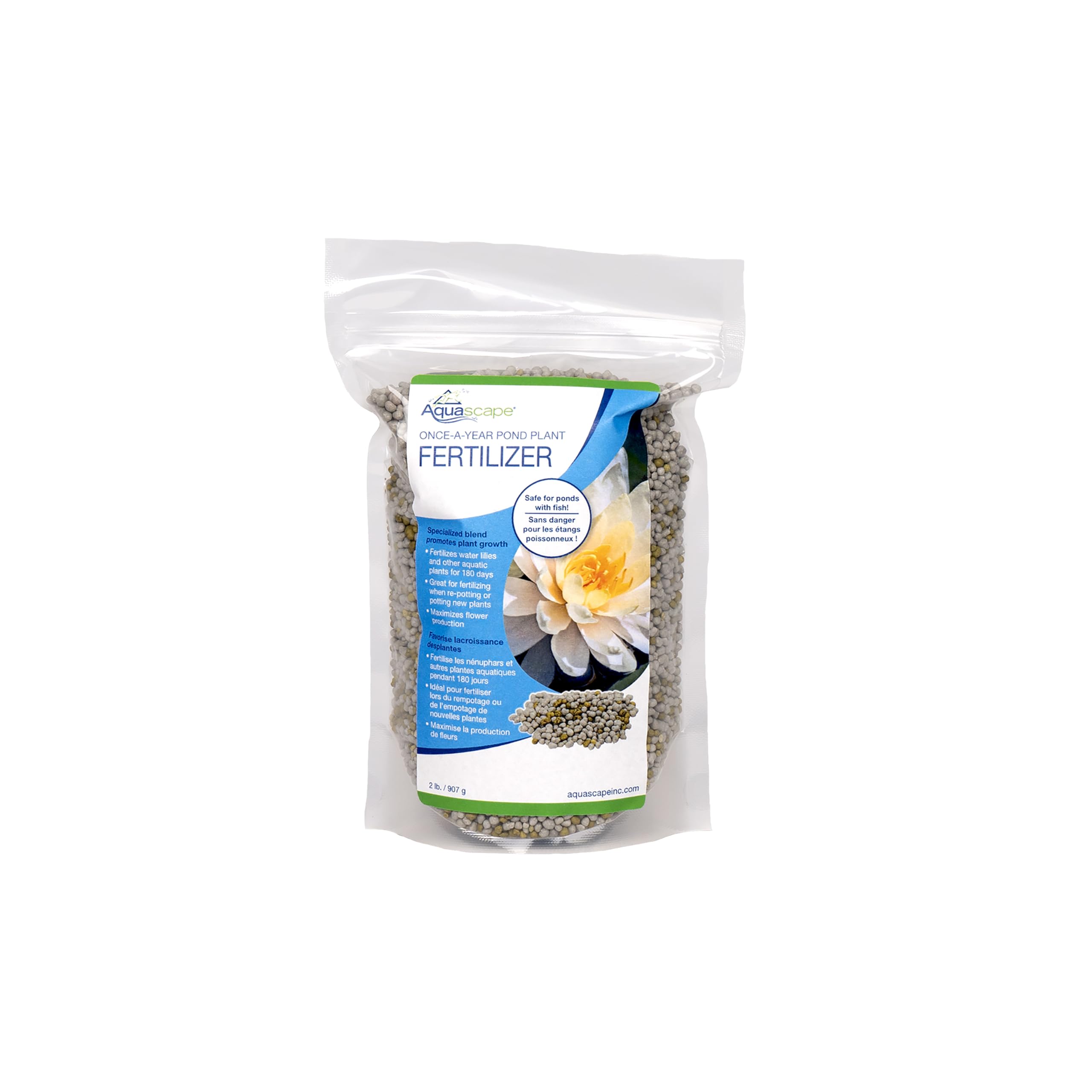 Aquascape front packaging of granular fertilizer showing product and benefits
