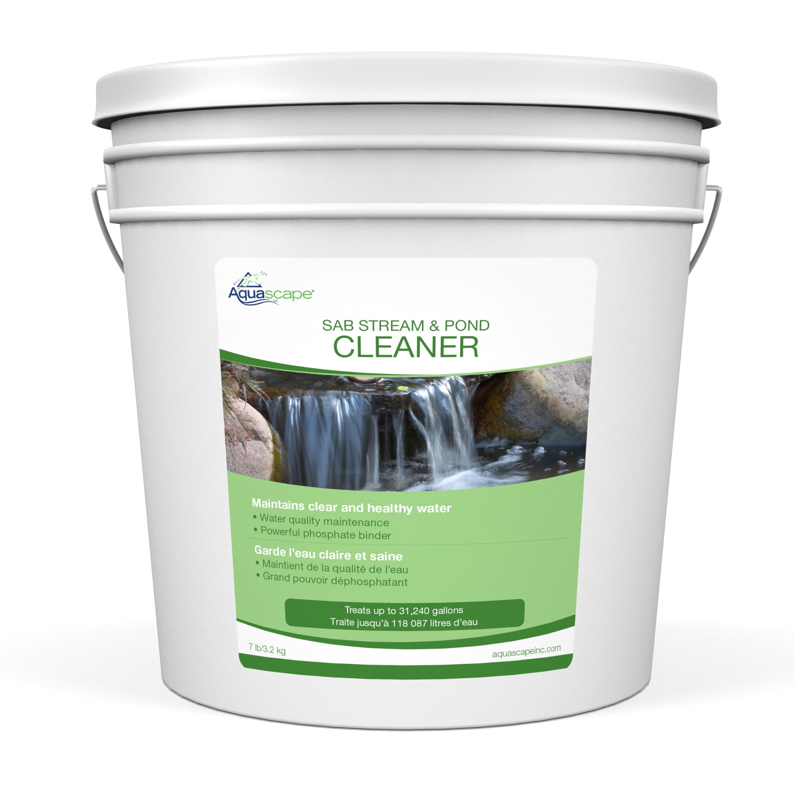 Aquascape front packaging showing 7 lb container and clear label benefits