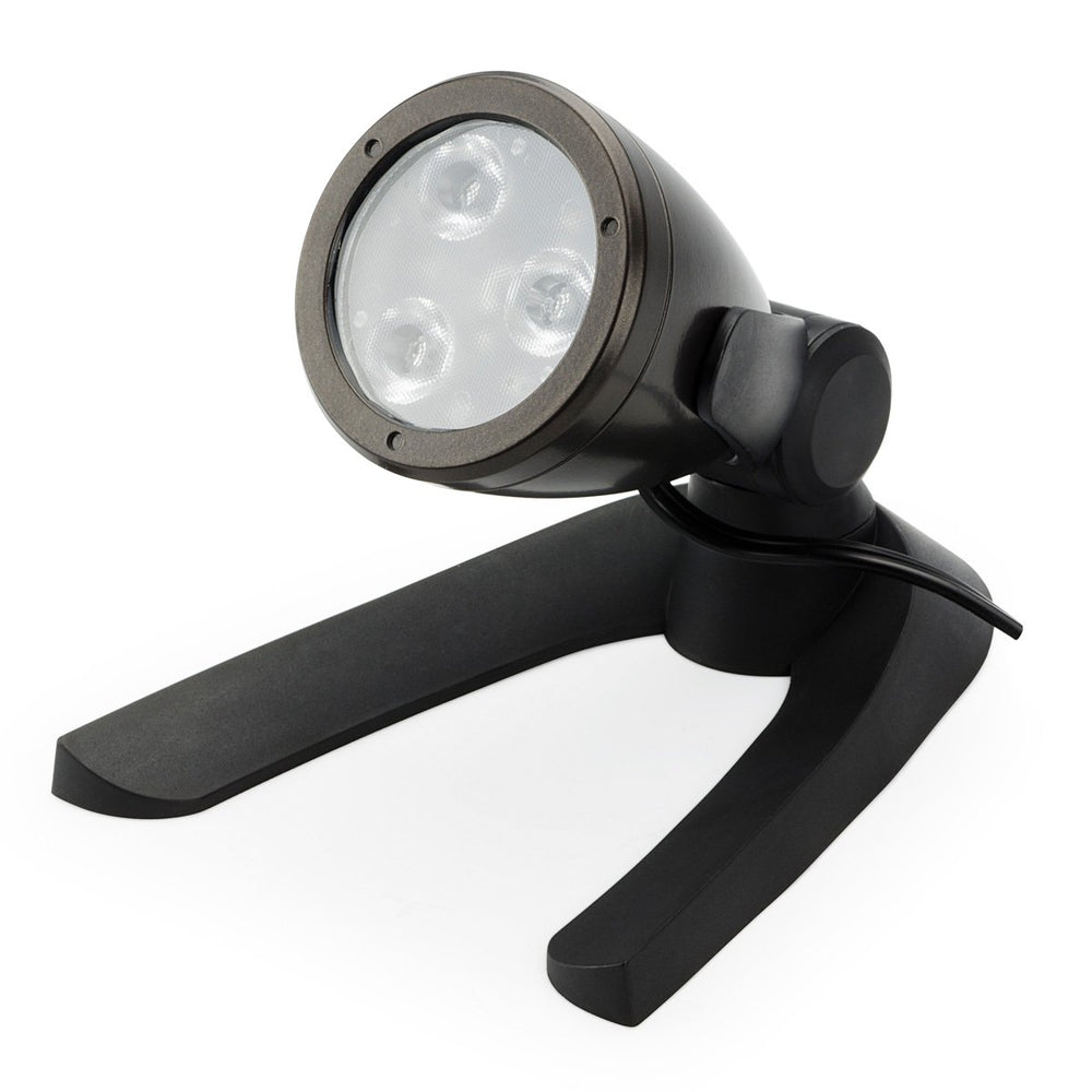 Aquascape spotlight front view showing warm white beam and durable finish