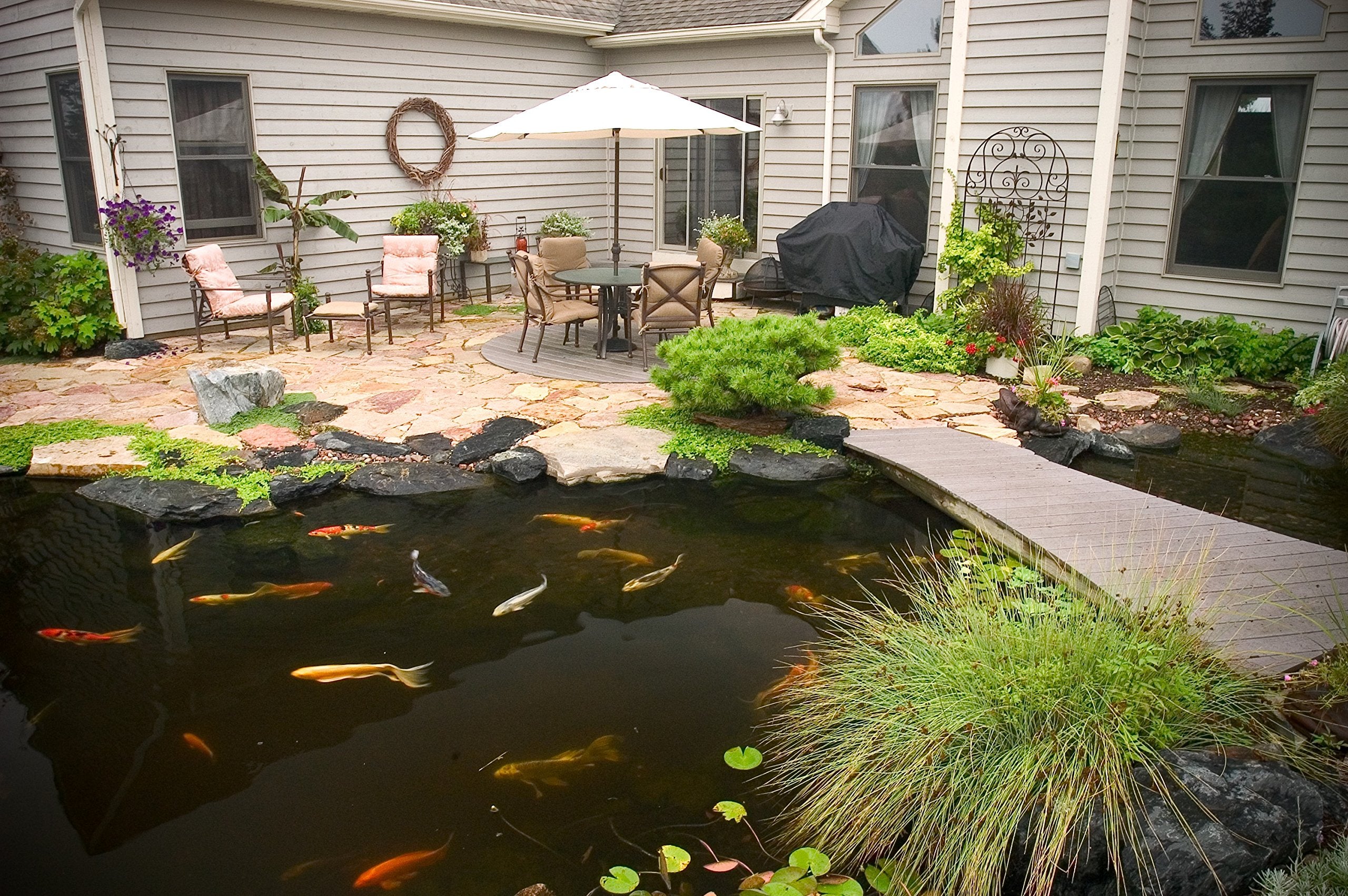 Aquascape being added to a backyard pond demonstrating clearer water benefits