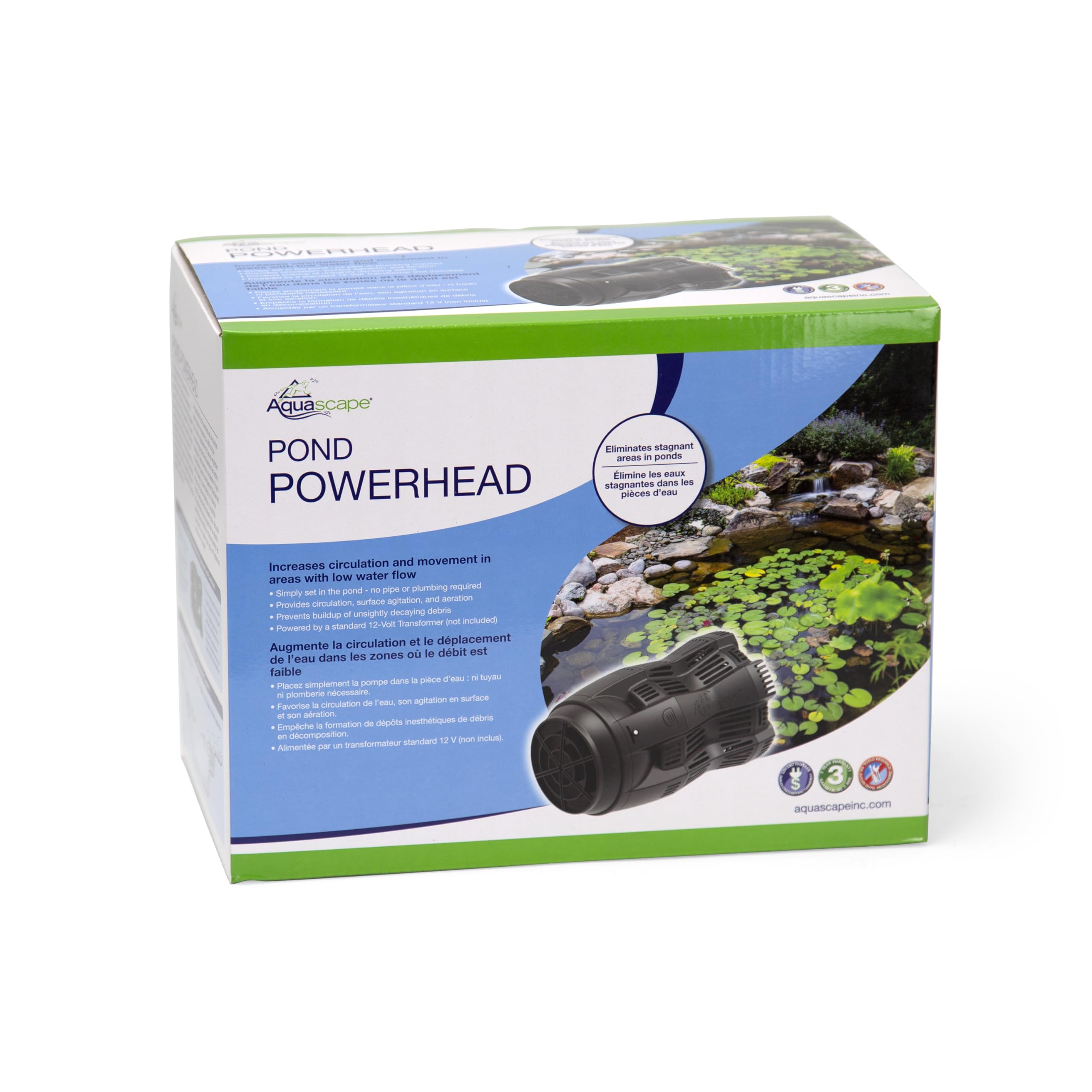 Aquascape powerhead installed in a pond showing directional flow and improved aeration