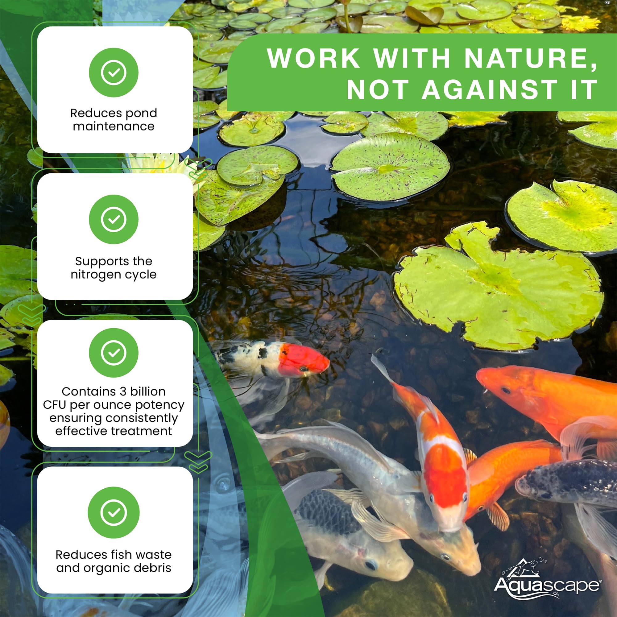 Aquascape measuring scoop beside product demonstrating easy dosing