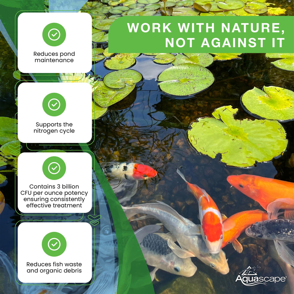 Aquascape measuring scoop beside product demonstrating easy dosing