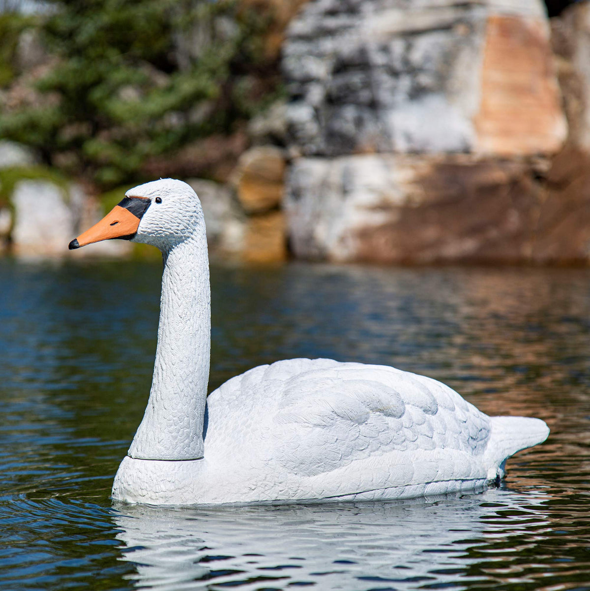 Aquascape swan front view showing lifelike shape and deterrent benefit
