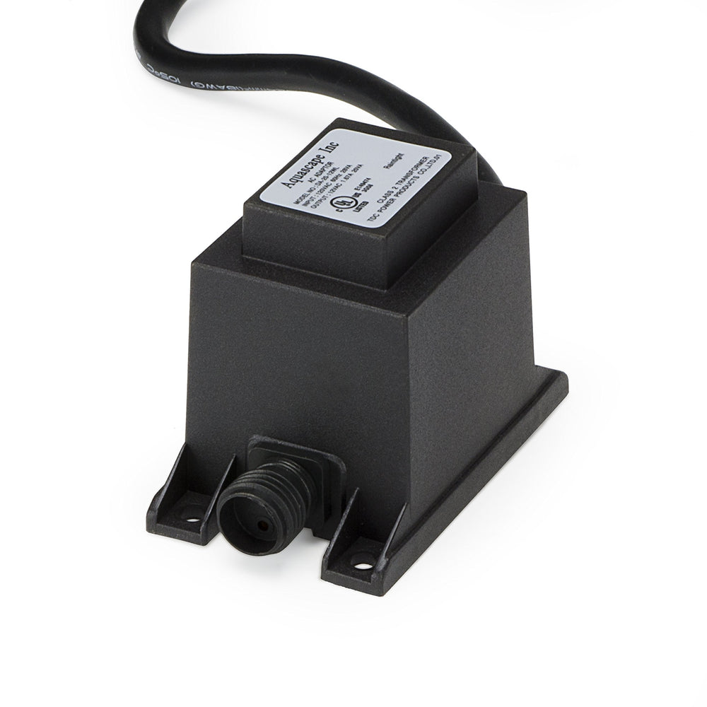 Aquascape transformer front panel showing model and plug, ensures simple outdoor lighting power