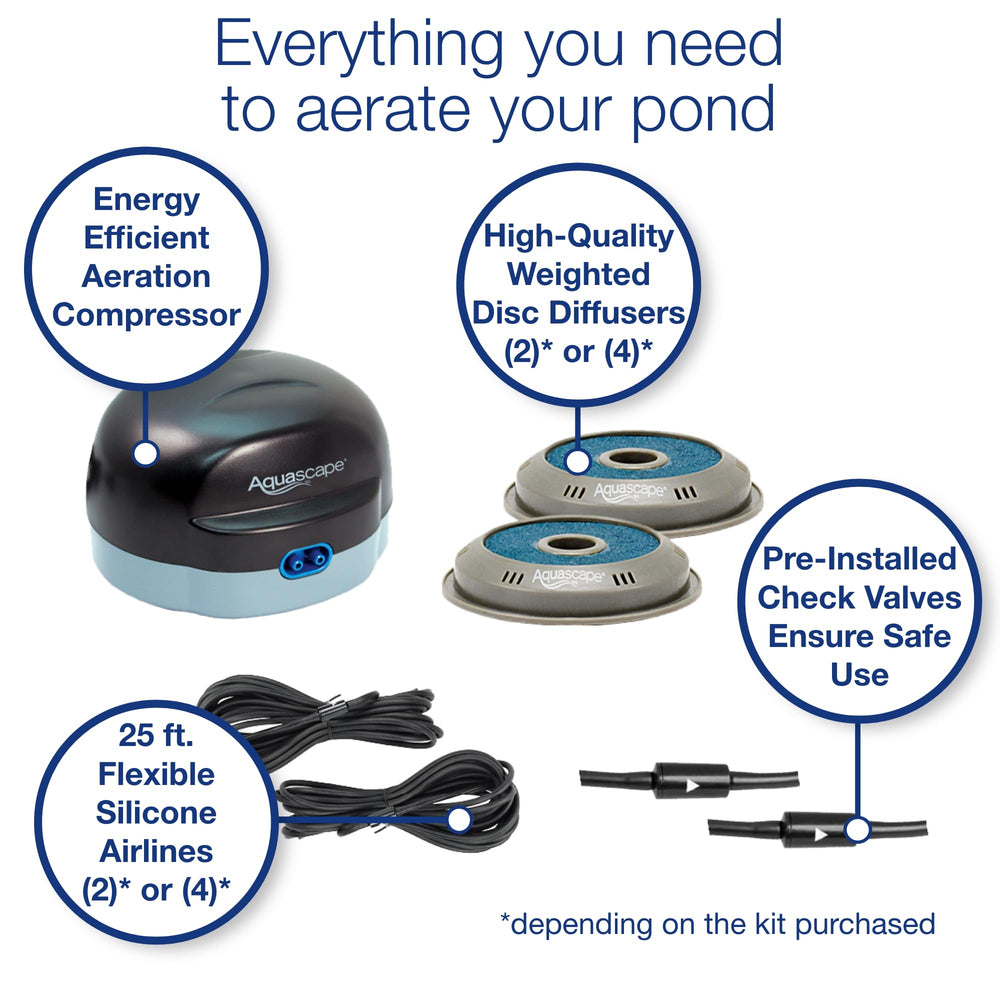 Aquascape weighted aeration disc resting on pond floor for steady oxygenation