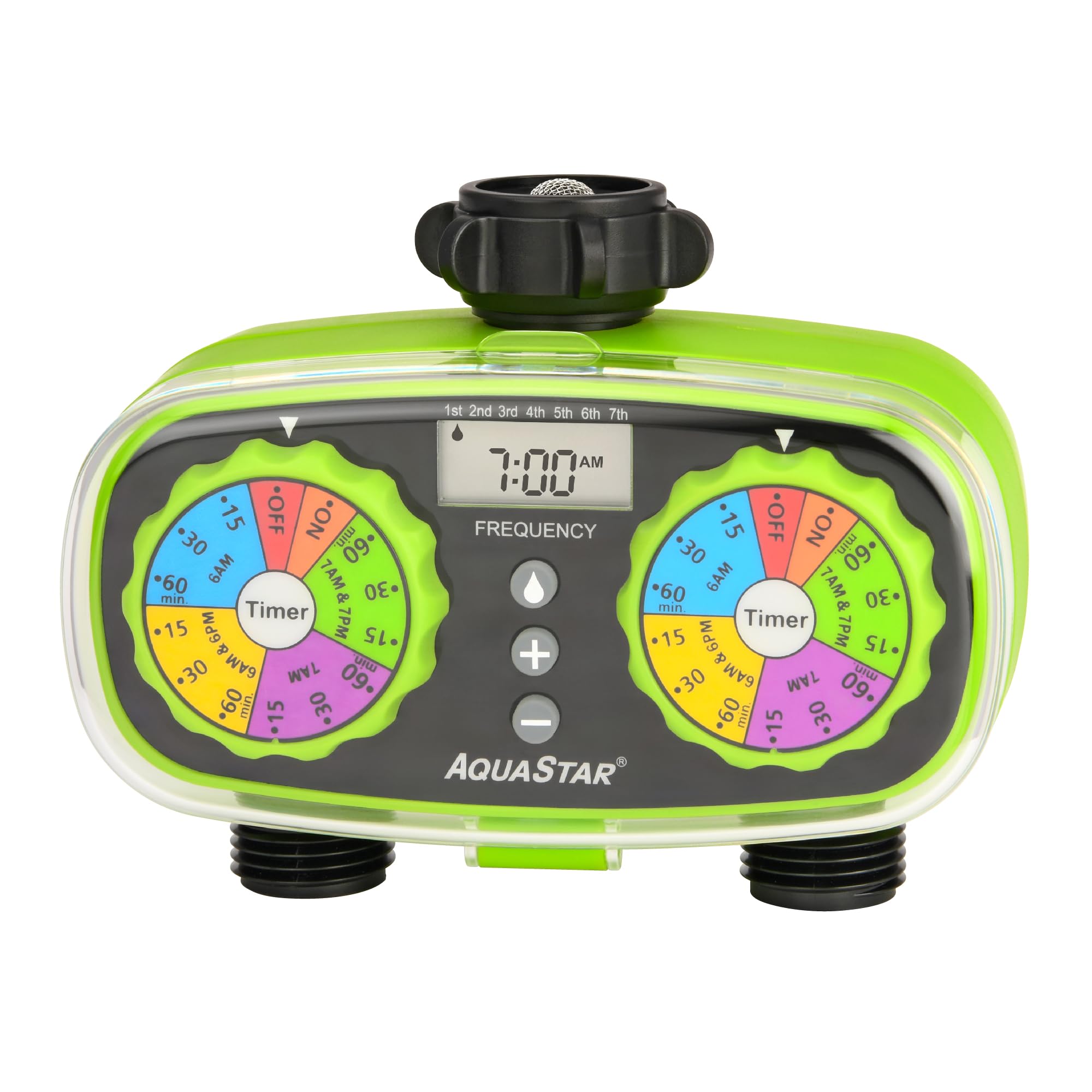 AQUASTAR front view showing green dual-outlet timer and benefits of two-zone control