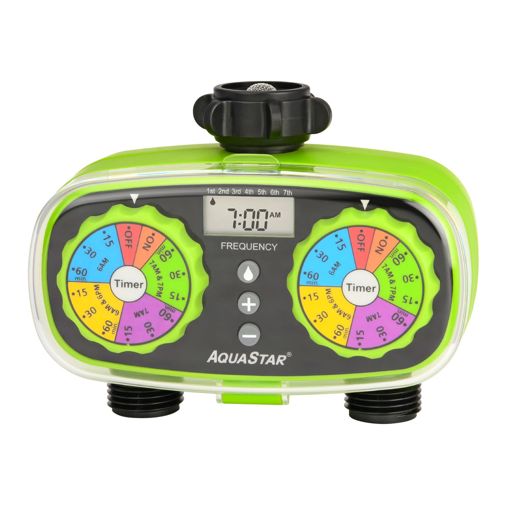 AQUASTAR front view showing green dual-outlet timer and benefits of two-zone control