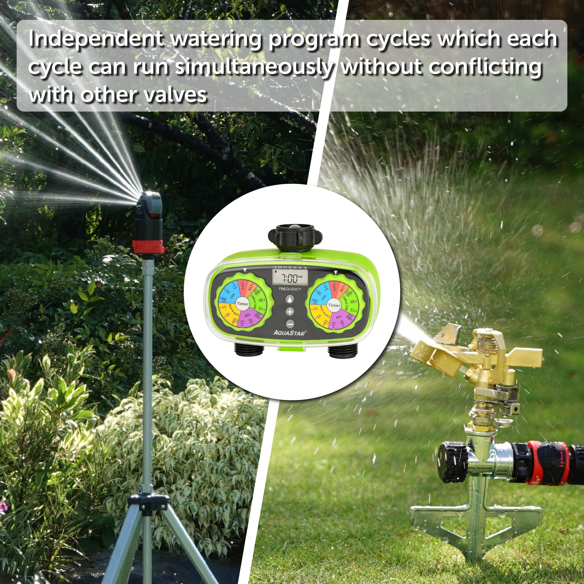AQUASTAR connected to two hoses demonstrating simultaneous watering convenience
