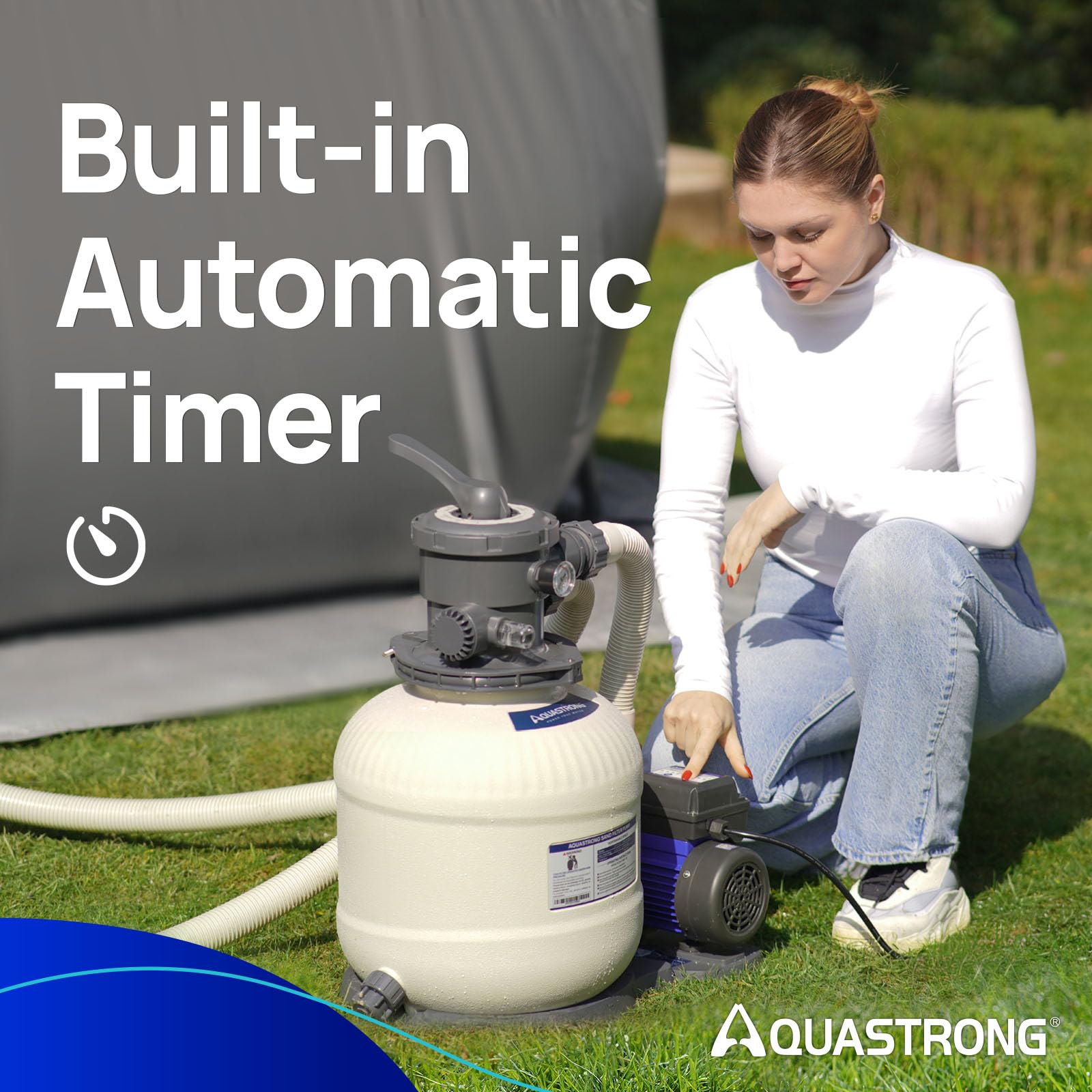 AQUASTRONG filter tank side label showing 12-inch sand chamber and capacity