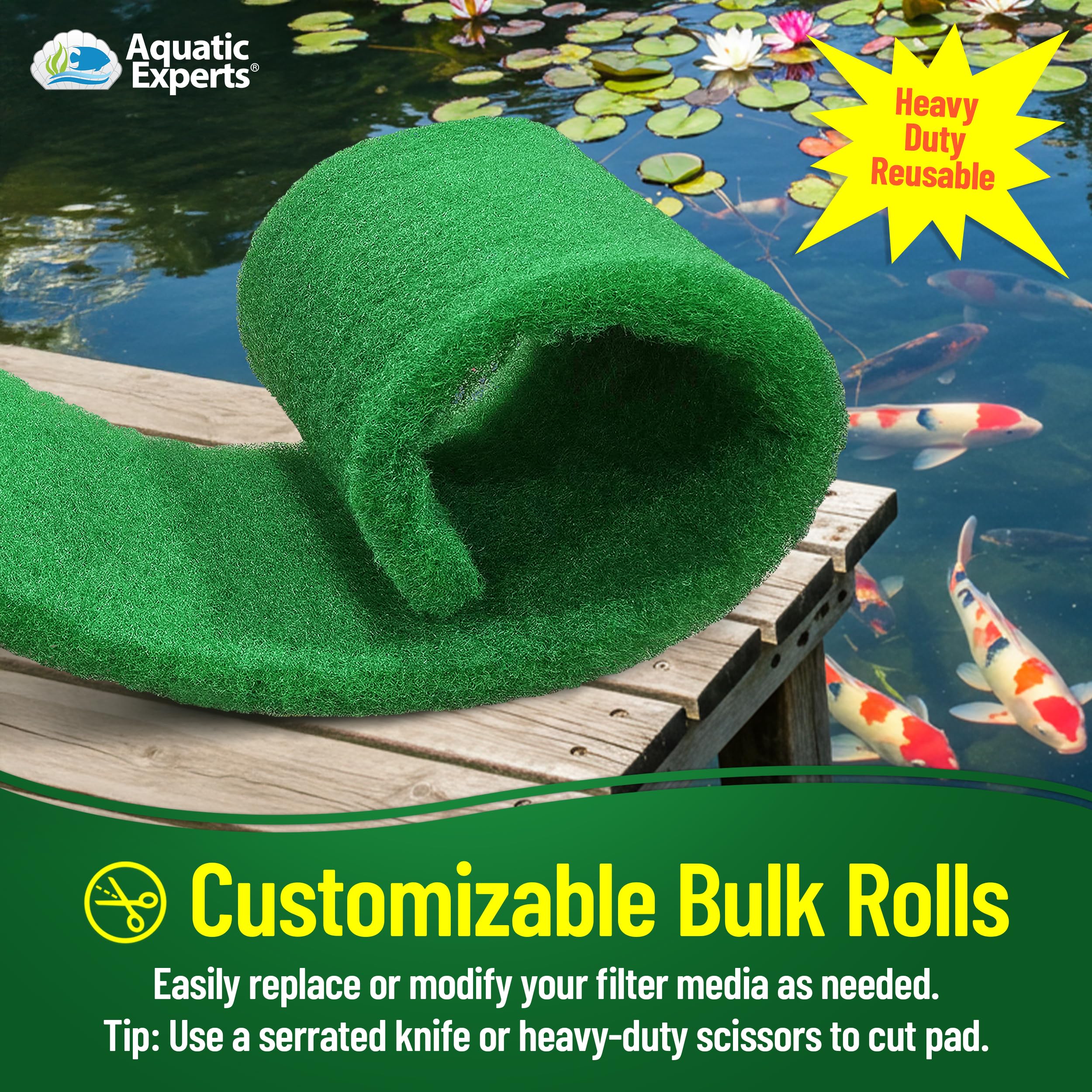 Aquatic Experts cut-to-size demo with scissors showing easy customization benefit